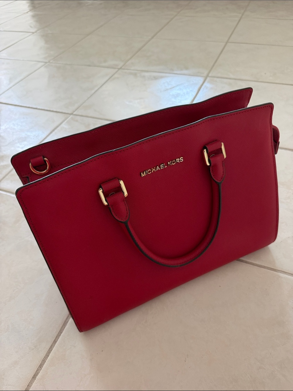 Michael Kors Cherry Red Saffiano Leather Tote with Gold Hardware
